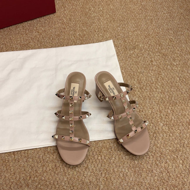 VALENTINO 26S ROCKSTUD HIGH HEEL SANDALS IN BLUSH NUDE CALFSKIN