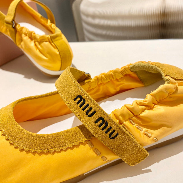 MIUMIU 26S RUCHES NAPPA BALLERINAS IN YELLOW SUEDE AND FABRIC