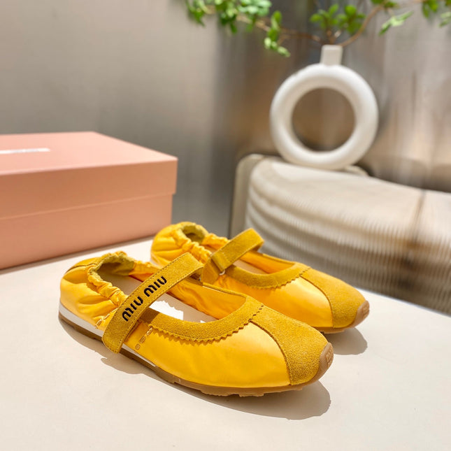 MIUMIU 26S RUCHES NAPPA BALLERINAS IN YELLOW SUEDE AND FABRIC