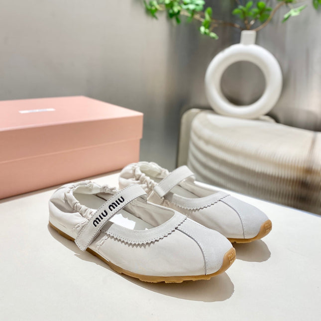 MIUMIU 26S RUCHES NAPPA BALLERINAS IN CREAM WHITE SUEDE AND FABRIC