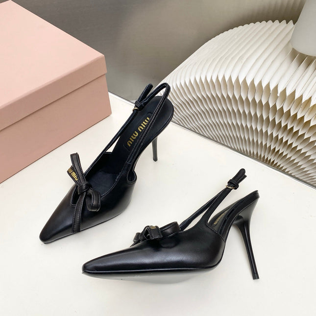MIUMIU 26S SLINGBACK PUMPS 105MM IN BLACK CALFSKIN WITH BOW