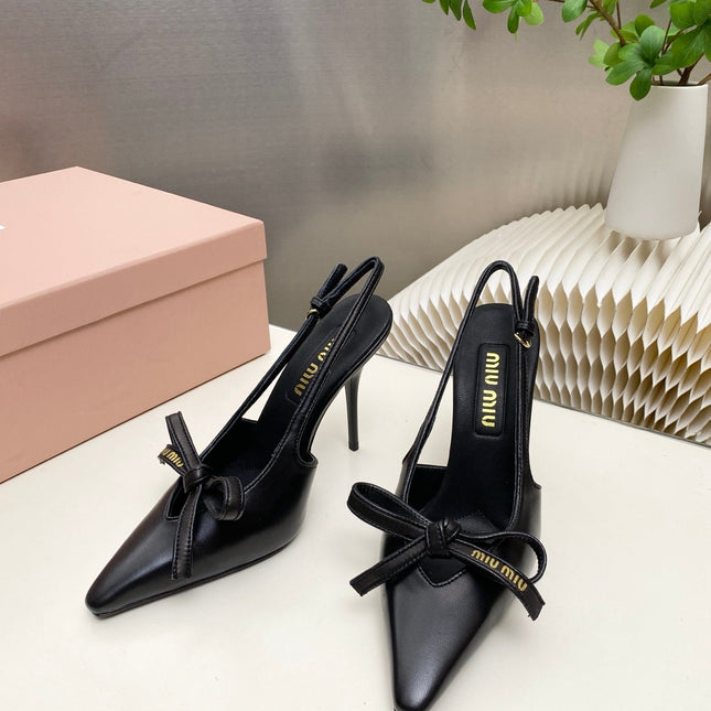 MIUMIU 26S SLINGBACK PUMPS 105MM IN BLACK CALFSKIN WITH BOW