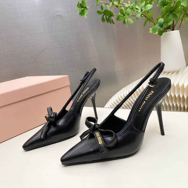 MIUMIU 26S SLINGBACK PUMPS 105MM IN BLACK CALFSKIN WITH BOW