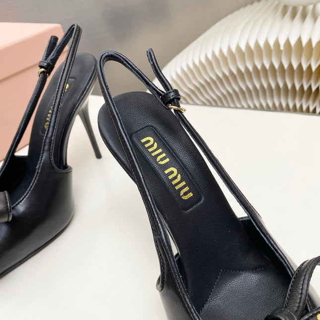 MIUMIU 26S SLINGBACK PUMPS 105MM IN BLACK CALFSKIN WITH BOW