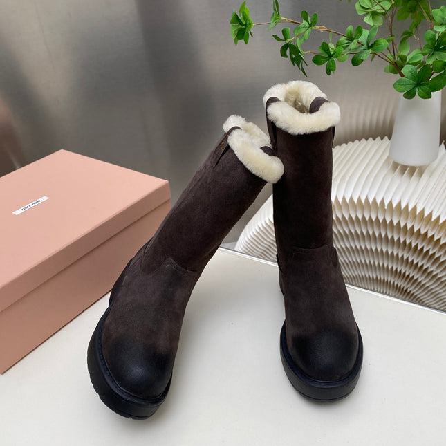 MIUMIU 26S MID CALF BOOT IN DARK BROWN  SUEDE AND SHEARLING