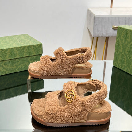 DAD SANDALS IN CIDER BROWN FLEECE WITH GOLD HARDWARE
