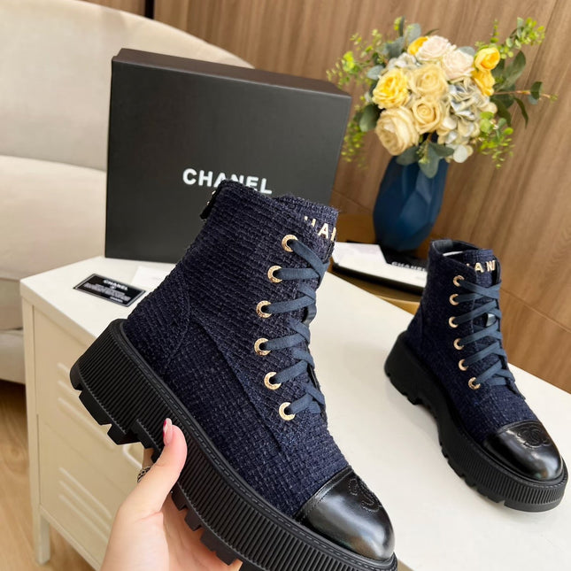 SHORT BOOTS IN DENIM BLUE TWEED AND BLACK CALFSKIN