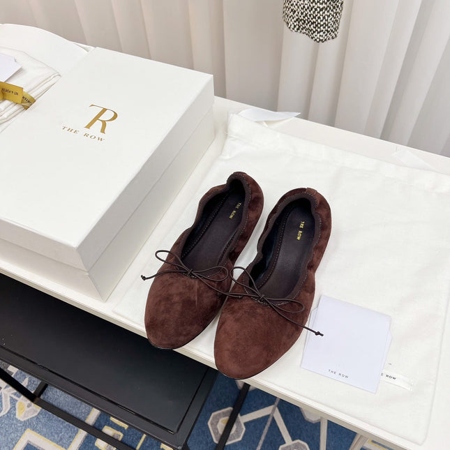 THE ROW 26S BALLET FLATS IN DARK BROWN SUEDE ELASTIC TRIM WITH BOW