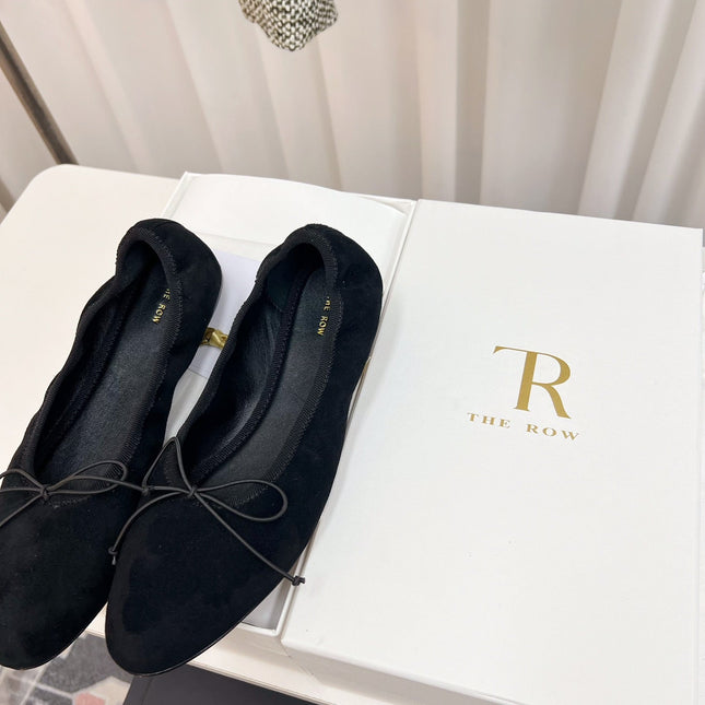 THE ROW 26S BALLET FLATS IN BLACK SUEDE ELASTIC TRIM WITH BOW
