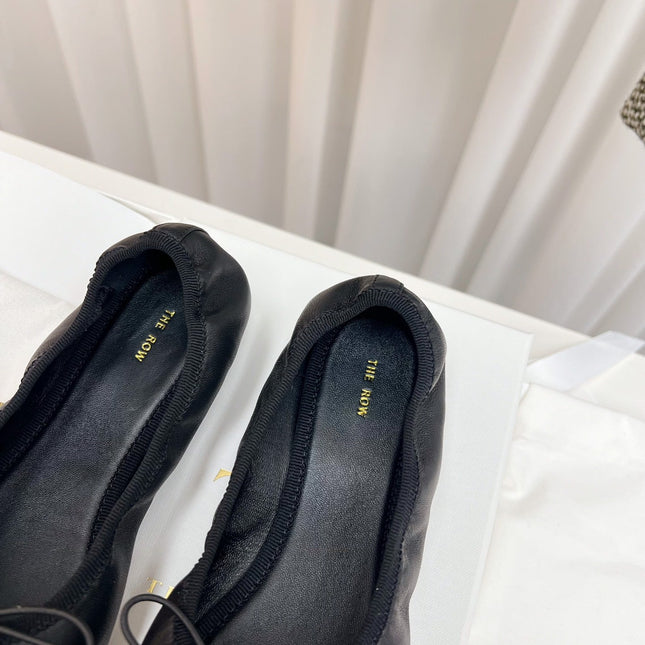 THE ROW 26S BALLET FLATS IN BLACK CALFSKIN ELASTIC TRIM WITH BOW