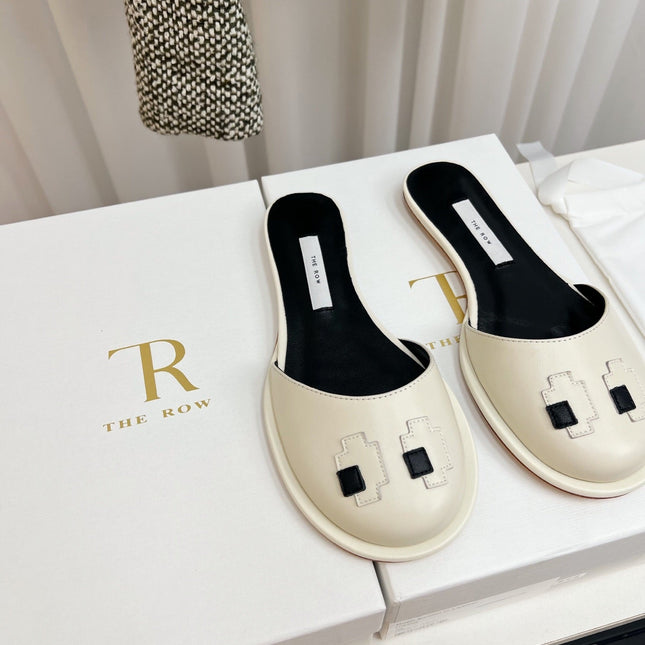 THE ROW 26S PIXEL APPLIQUE MULES IN IVORY WHITE CALFSKIN