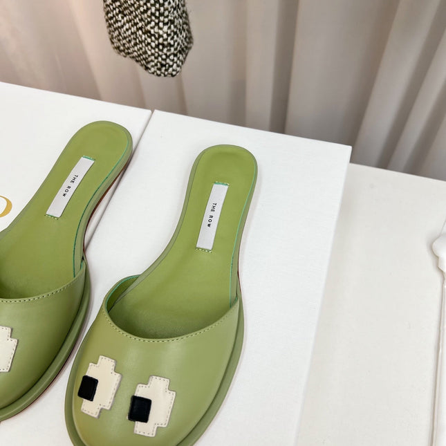 THE ROW 26S PIXEL APPLIQUE MULES IN PISTACHIO GREEN CALFSKIN