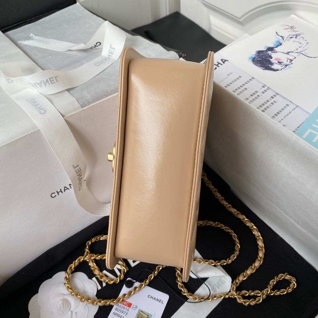 CHANEL 25S MINI FLAP BAG 19 IN TAN BROWN CALFSKIN GOLD HARDWARE