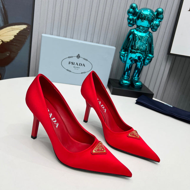PRADA 26S POINTED TOE PUMPS STILETTO HEEL 80MM IN DARK RED SATIN