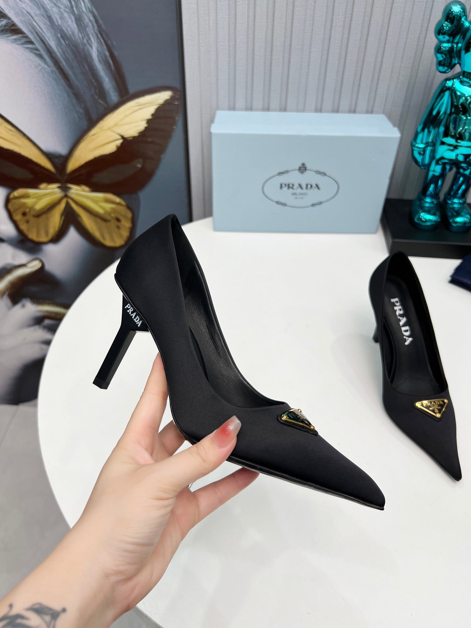 PRADA 26S POINTED TOE PUMPS STILETTO HEEL 80MM IN BLACK SATIN