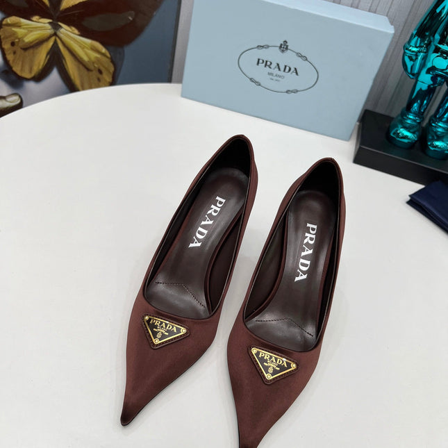 PRADA 26S POINTED TOE PUMPS STILETTO HEEL 80MM IN DARK BROWN SATIN