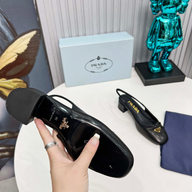 PRADA 26S ROUND TOE SLINGBACK PUMPS 40MM IN BLACK CALFSKIN WITH BOW