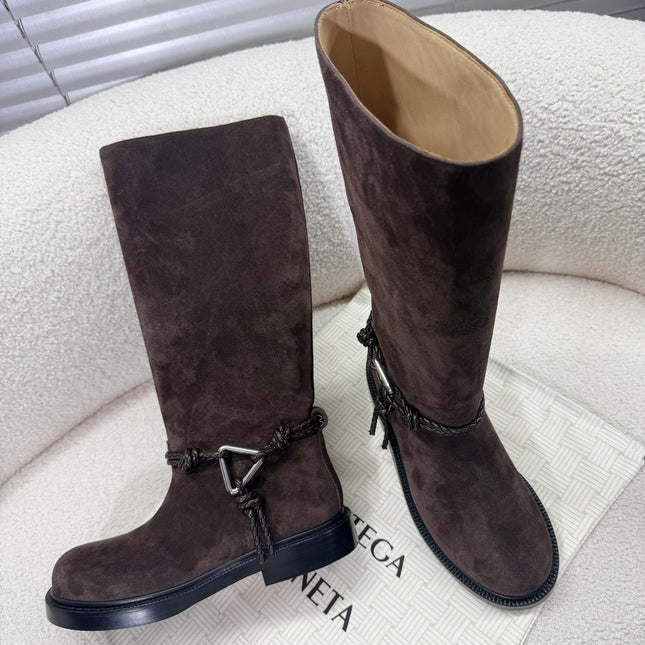 BOTTEGA VENETA 26S TALL BOOTS IN DARK BROWN SUEDE WITH ROPE DETAIL