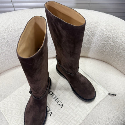 BOTTEGA VENETA 26S TALL BOOTS IN DARK BROWN SUEDE WITH ROPE DETAIL