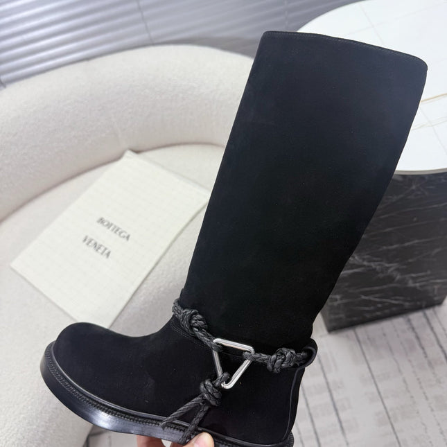 BOTTEGA VENETA 26S TALL BOOTS IN BLACK SUEDE WITH ROPE DETAIL