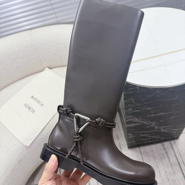 BOTTEGA VENETA 26S TALL BOOTS IN DARK BROWN CALFSKIN WITH ROPE DETAIL