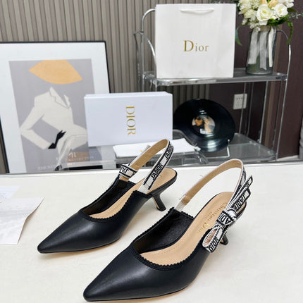 J'ADIOR SLINGBACK PUMP BLACK CALFSKIN AND EMBROIDERED FABRIC 65 MM