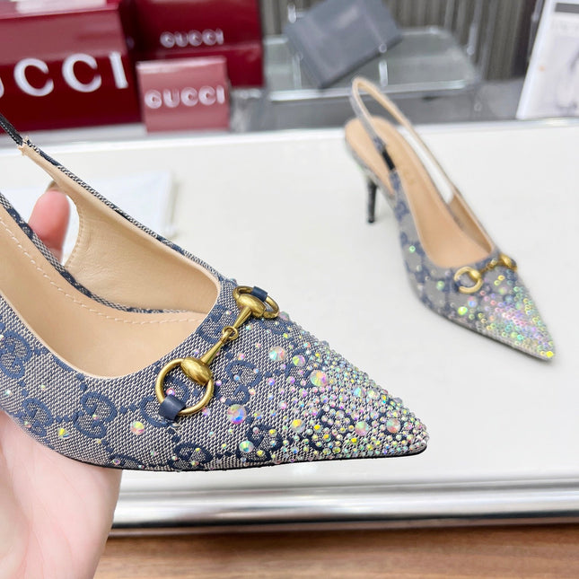 HORSEBIT SLINGBACKS IN DOVE GRAY MONOGRAM FABRIC WITH CRYSTALS