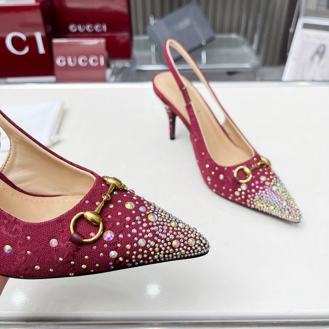 HORSEBIT SLINGBACKS IN CHERRY RED MONOGRAM FABRIC WITH CRYSTALS