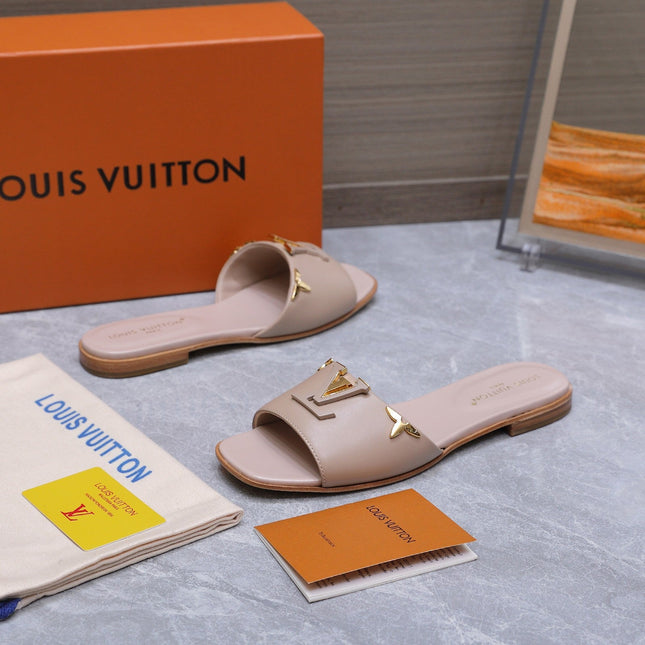 LV 26S FLAT SLIDE SANDALS IN NUDE PINK CALFSKIN GOLD HARDWARE