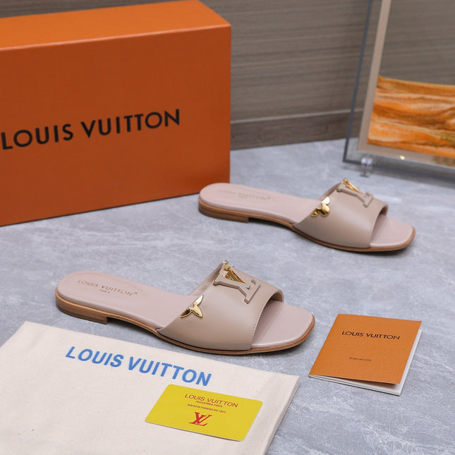 LV 26S FLAT SLIDE SANDALS IN NUDE PINK CALFSKIN GOLD HARDWARE