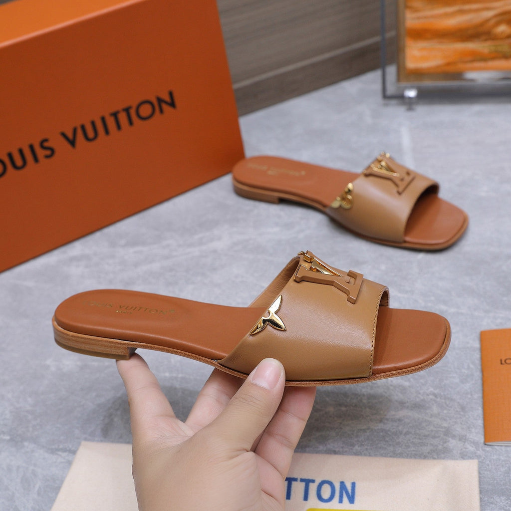 LV 26S FLAT SLIDE SANDALS IN ORANGE BROWN CALFSKIN GOLD HARDWARE