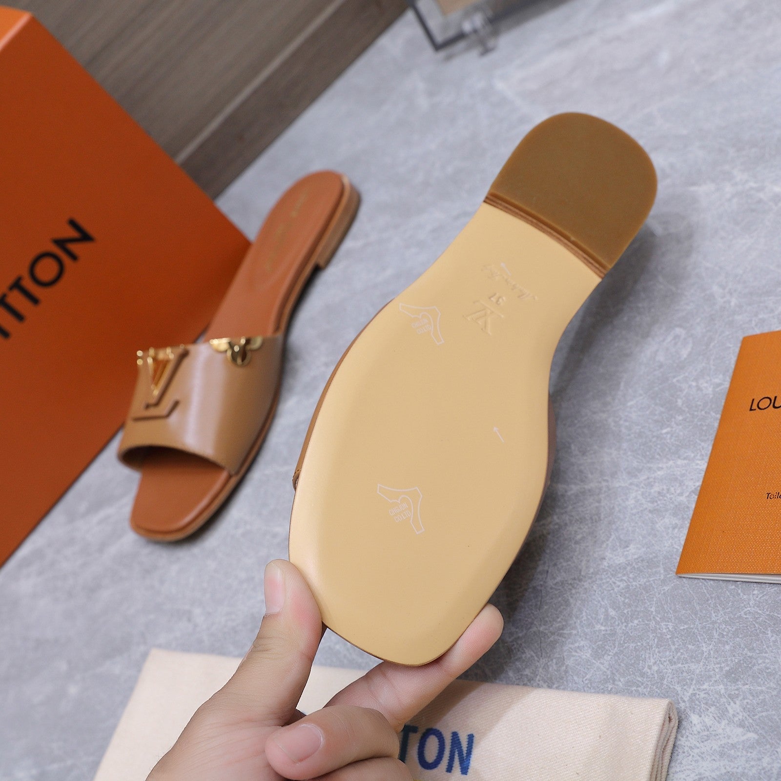 LV 26S FLAT SLIDE SANDALS IN ORANGE BROWN CALFSKIN GOLD HARDWARE