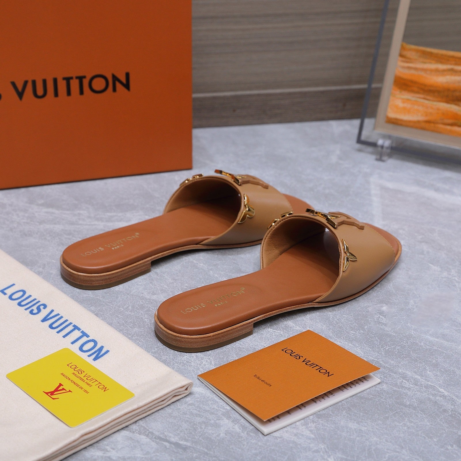 LV 26S FLAT SLIDE SANDALS IN ORANGE BROWN CALFSKIN GOLD HARDWARE