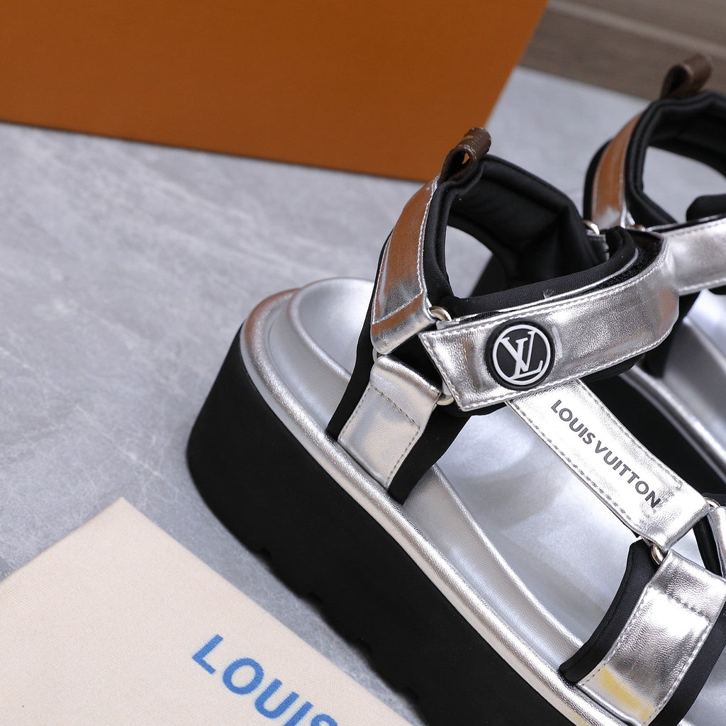 LV 26S CHAMELEON PLATFORM SANDALS 60MM IN SILVER CALFSKIN AND EVA