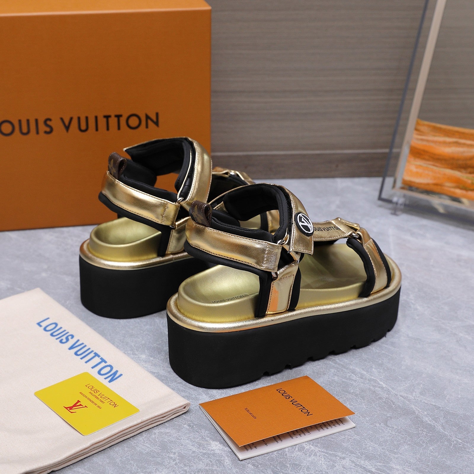 LV 26S CHAMELEON PLATFORM SANDALS 60MM IN GOLD CALFSKIN AND EVA