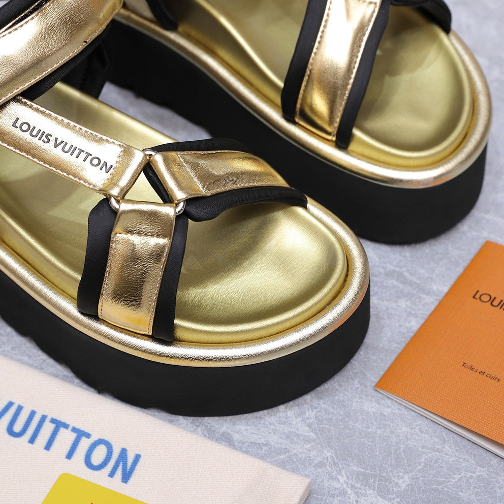 LV 26S CHAMELEON PLATFORM SANDALS 60MM IN GOLD CALFSKIN AND EVA