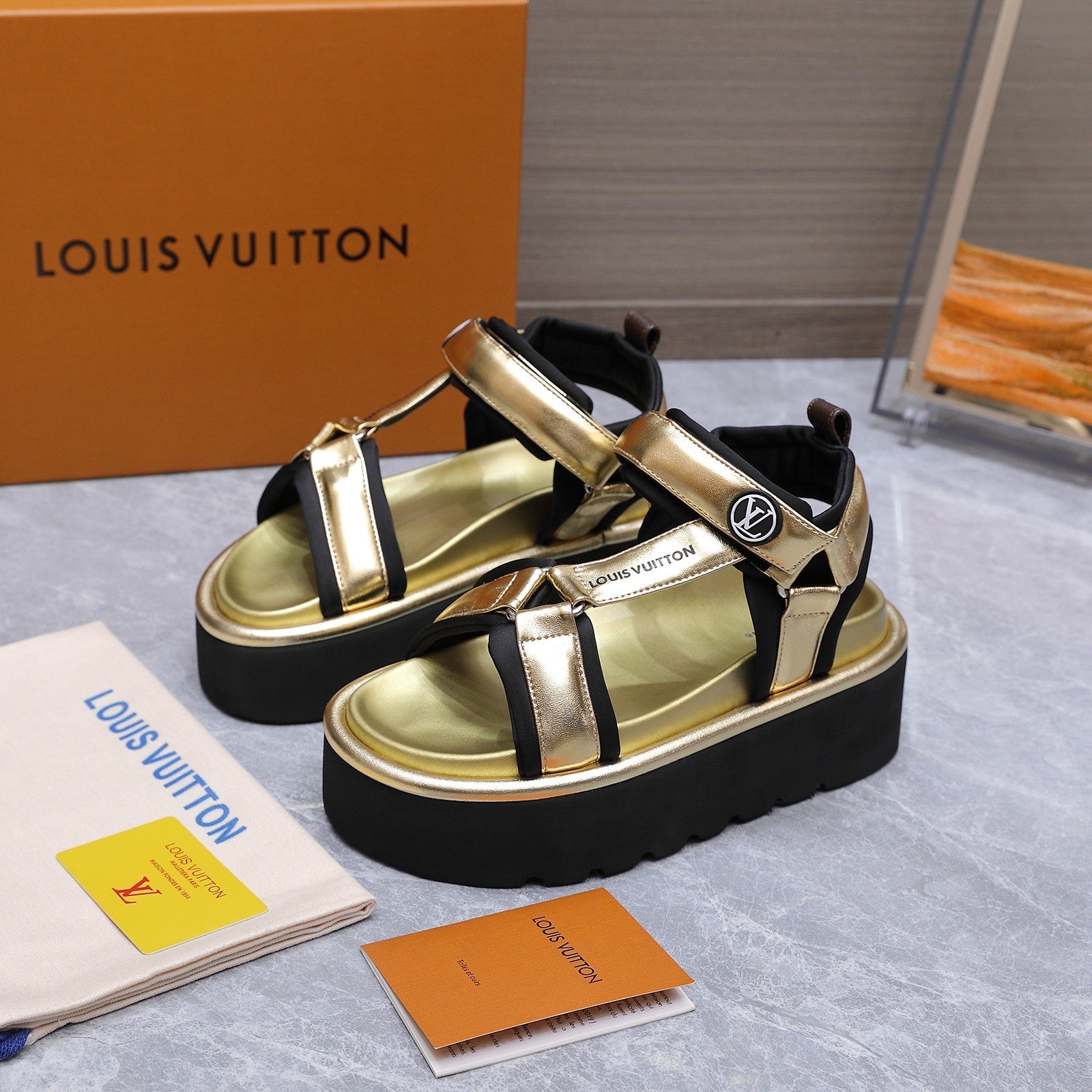 LV 26S CHAMELEON PLATFORM SANDALS 60MM IN GOLD CALFSKIN AND EVA