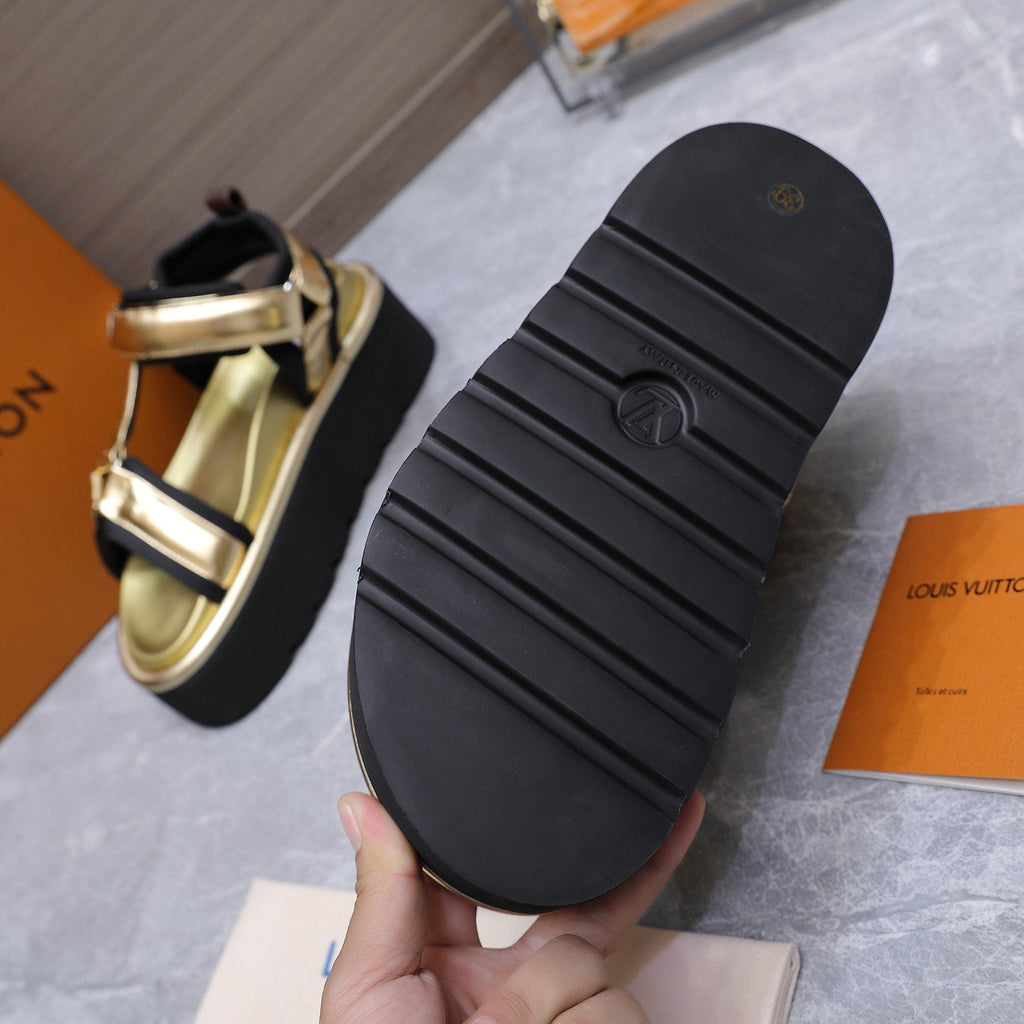 LV 26S CHAMELEON PLATFORM SANDALS 60MM IN GOLD CALFSKIN AND EVA