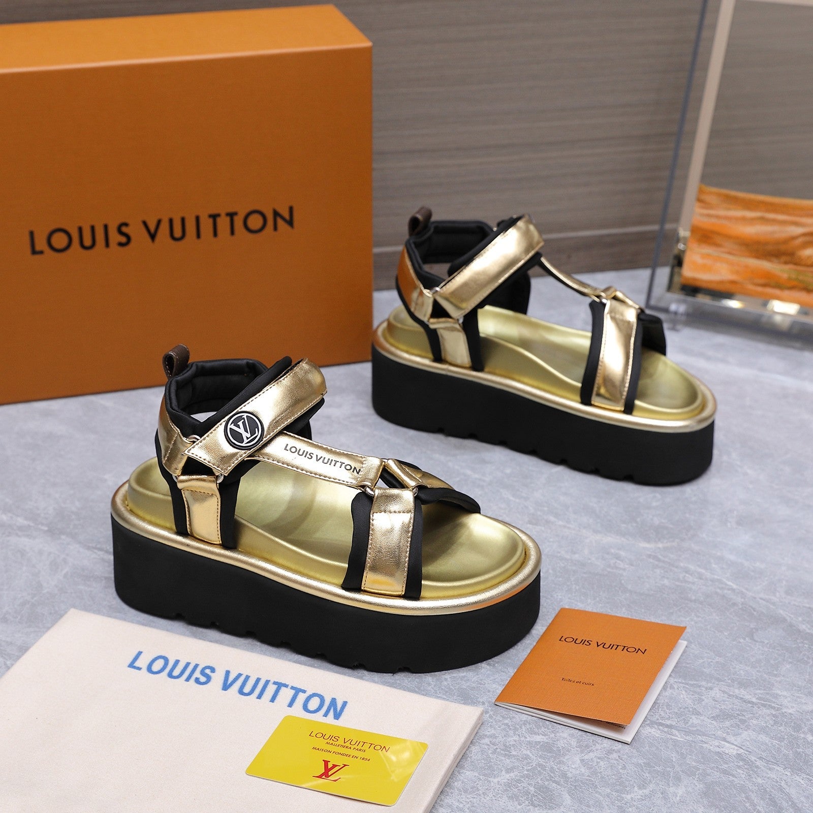 LV 26S CHAMELEON PLATFORM SANDALS 60MM IN GOLD CALFSKIN AND EVA