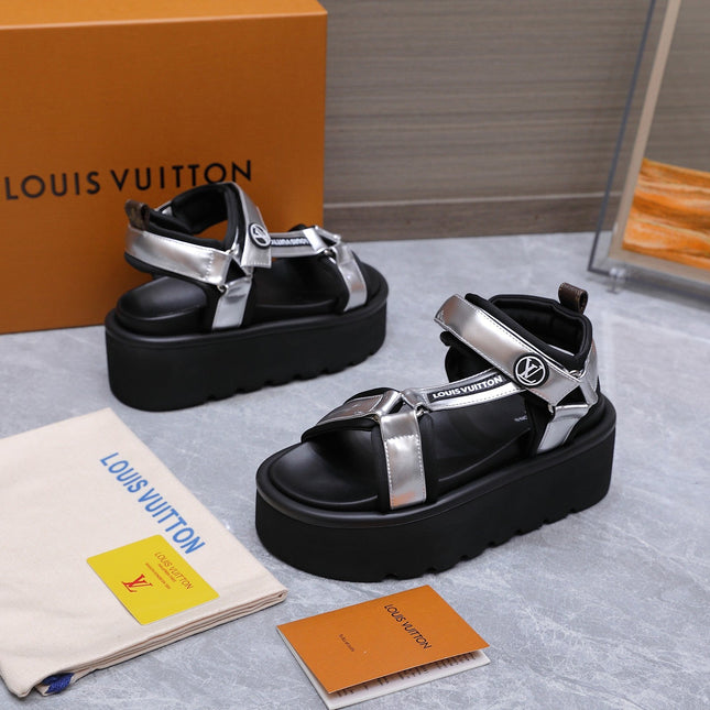 LV 26S CHAMELEON PLATFORM SANDALS 60MM IN SILVER AND BLACK CALFSKIN AND EVA