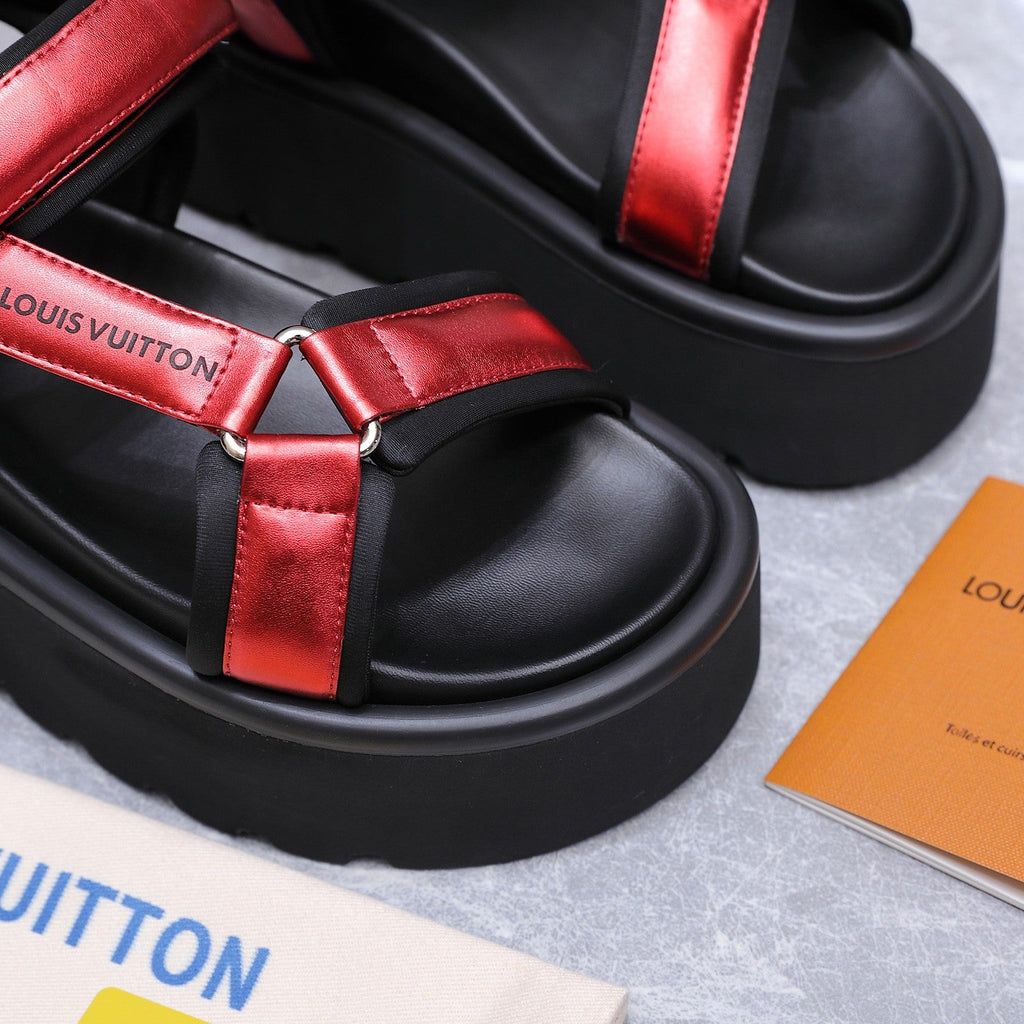 LV 26S CHAMELEON PLATFORM SANDALS 60MM IN DARK RED CALFSKIN AND EVA