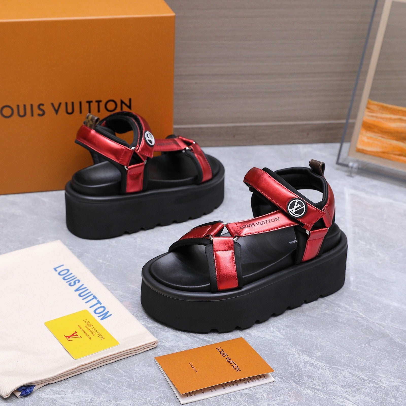 LV 26S CHAMELEON PLATFORM SANDALS 60MM IN DARK RED CALFSKIN AND EVA