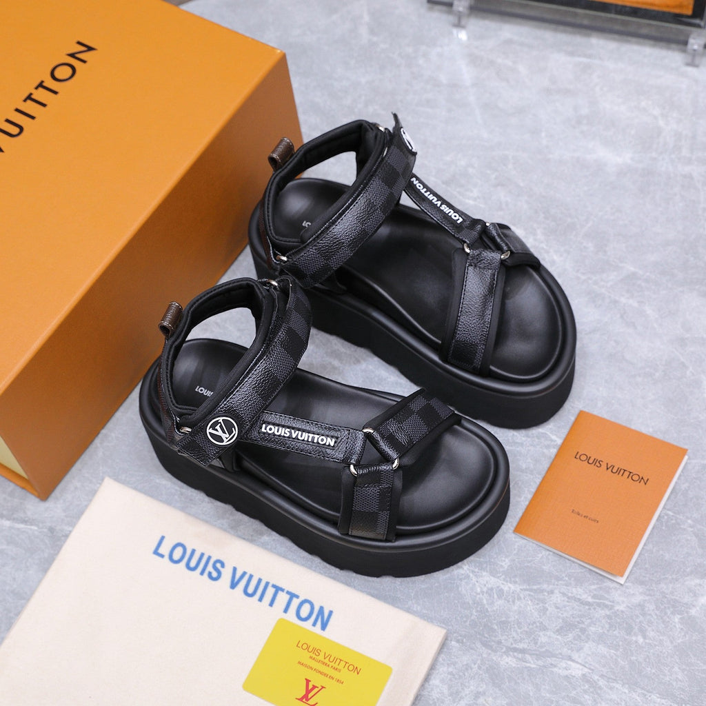 LV 26S CHAMELEON PLATFORM SANDALS 60MM IN BLACK DAMIER CHECKER CALFSKIN AND EVA