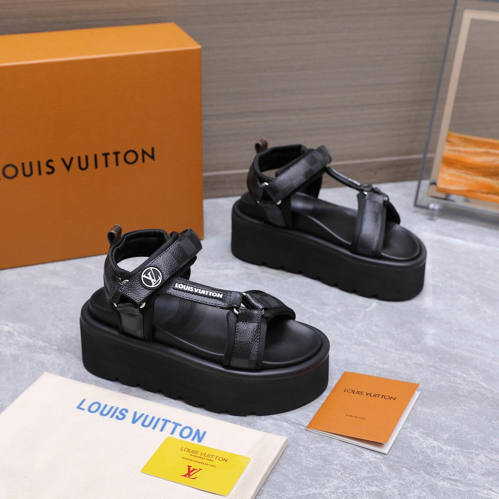 LV 26S CHAMELEON PLATFORM SANDALS 60MM IN BLACK DAMIER CHECKER CALFSKIN AND EVA