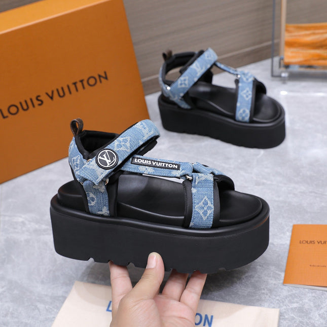LV 26S CHAMELEON PLATFORM SANDALS 60MM IN BLUE MONOGRAM DENIM AND EVA