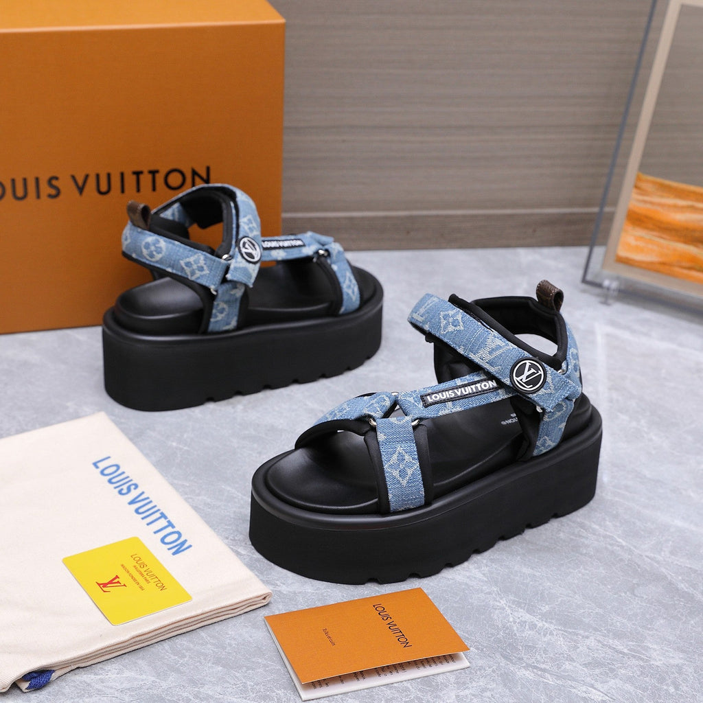 LV 26S CHAMELEON PLATFORM SANDALS 60MM IN BLUE MONOGRAM DENIM AND EVA