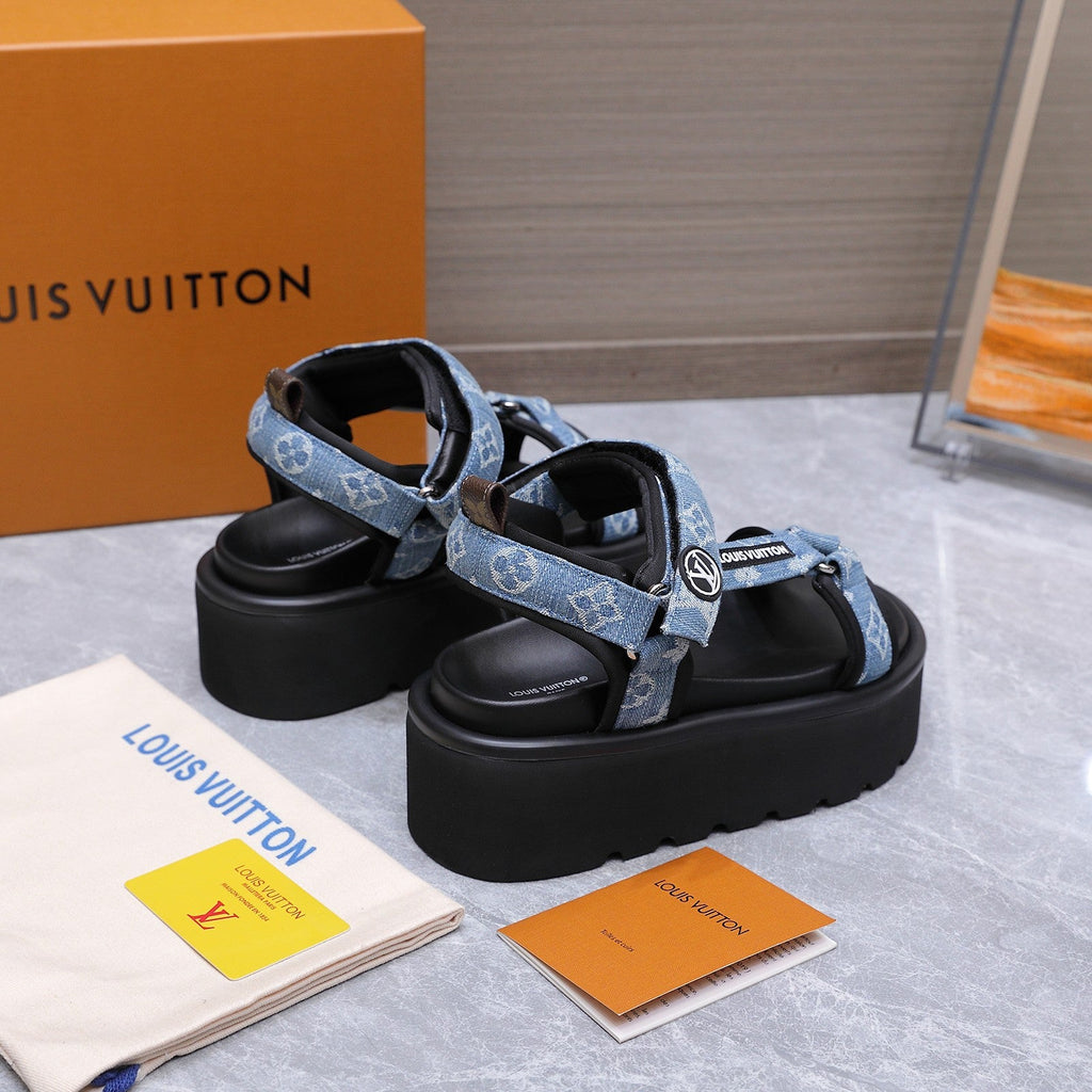 LV 26S CHAMELEON PLATFORM SANDALS 60MM IN BLUE MONOGRAM DENIM AND EVA