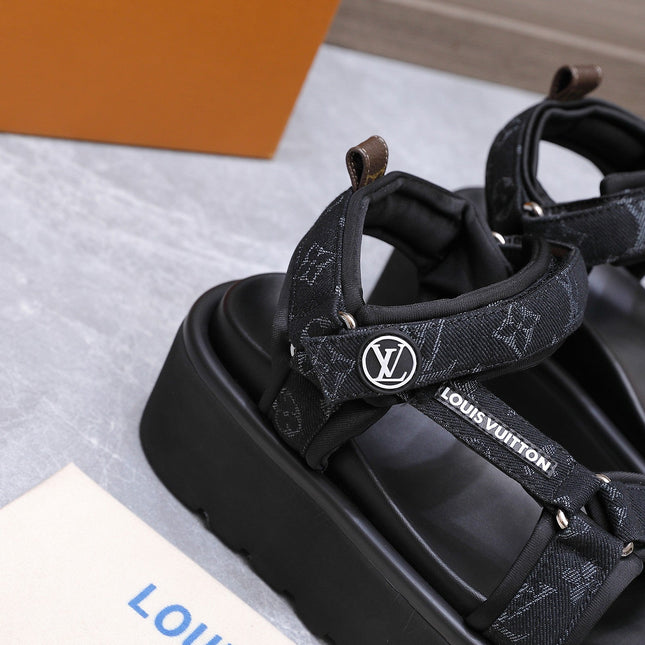 LV 26S CHAMELEON PLATFORM SANDALS 60MM IN BLACK MONOGRAM DENIM AND EVA