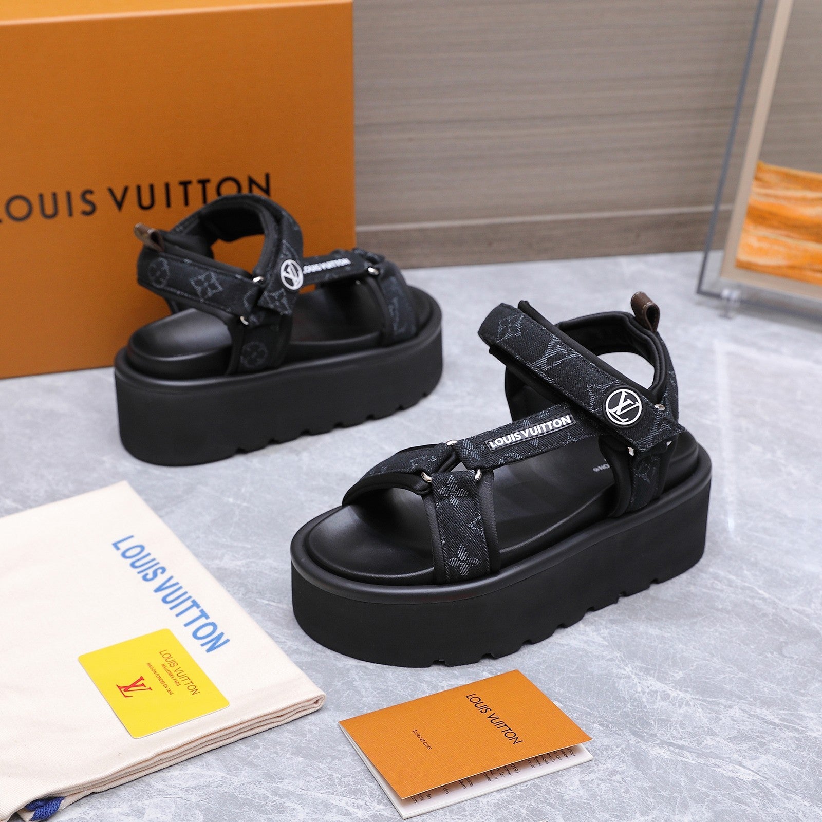 LV 26S CHAMELEON PLATFORM SANDALS 60MM IN BLACK MONOGRAM DENIM AND EVA