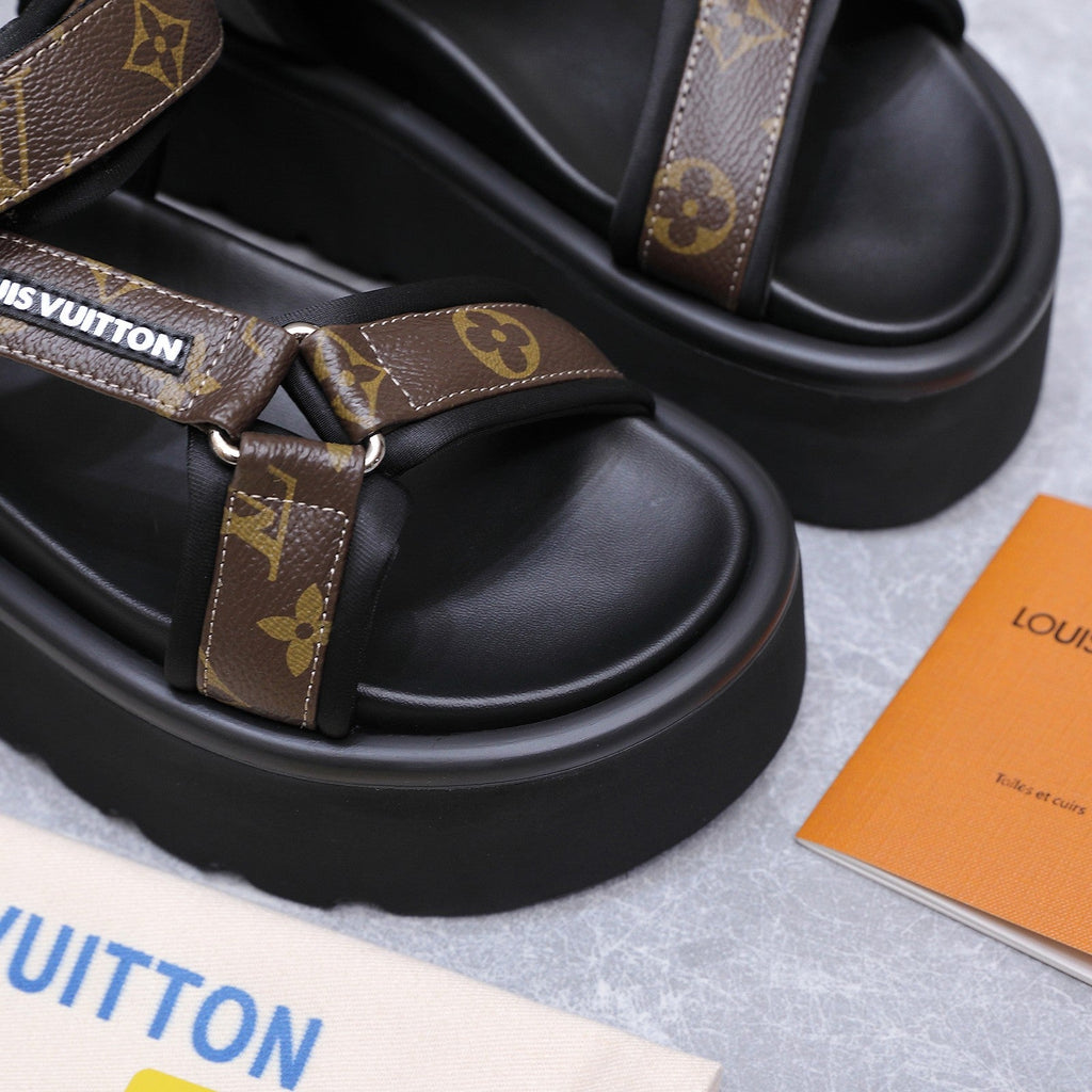LV 26S CHAMELEON PLATFORM SANDALS 60MM IN DARK BROWN MONOGRAM CALFSKIN AND EVA